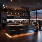 italijanski moderni stil kuhinje, tamna braon, led svetla